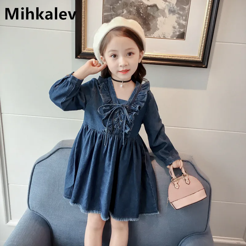 

Mihkalev V-neck long sleeve girl dress for children autumn clothing 2018 fashion Litter Gilr Denim princess dresses for party