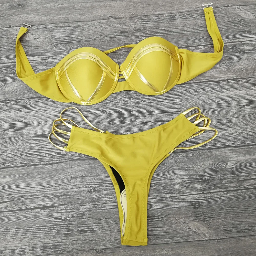 

2018 New Sexy Gold Bikini Set Padded Swimwear Women Push Up Bandeau Stamping Swimsuit Summer Beachwear Brazil Bathing Suit
