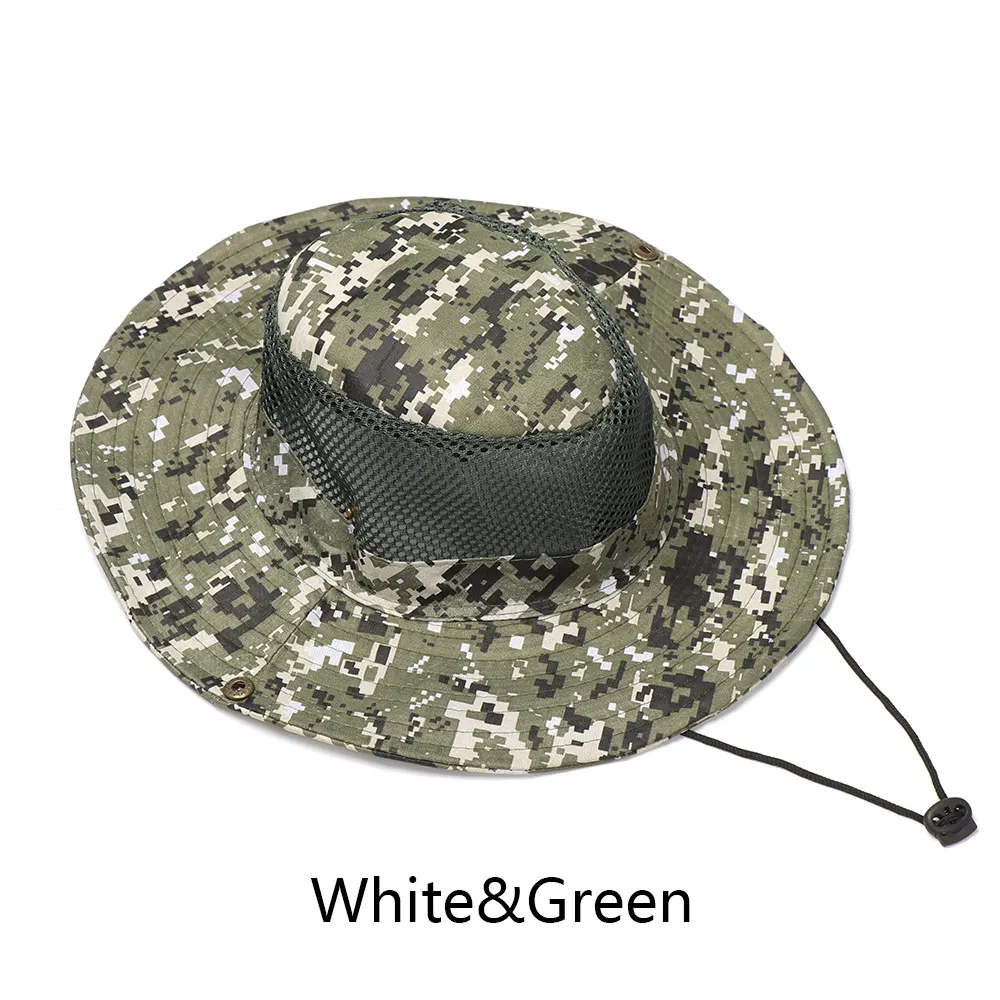 Для мужчин женщин Панамка Camo кепки Хлопок рыбалка поля козырек Защита от солнца Safari лето Кемпинг армии Военная Униформа ковбой - Цвет: White Green1