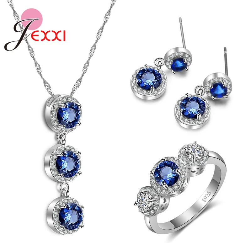 

JEXXI Exquisite Personality Round Claws Setting Blue CZ Stone 925 Sterling Silver Jewelry sets For Woman Girls Anniversary Gift
