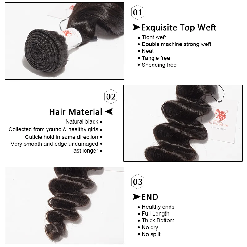 [FYNHA] Indian Virgin Hair Weave Loose Wave 3 Bundles With Lace Closure Human Hair Extensions