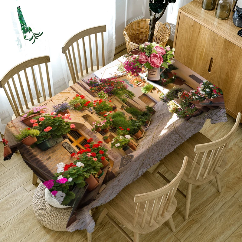 

3D Flower House Tablecloth Beautiful Alley Pattern Waterproof Thicken Rectangular and Round Table Cloth for Wedding
