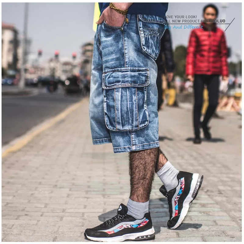 Mcikkny Summer Men's Cargo Denim Shorts Multi pockets Hip Hop Loose Jeans Shorts For Male Washed  (6)