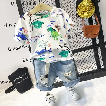 

Boys clothes children clothing 2Pcs Infant Kid Boys Cartoon dinosaur T-shirt Tops+ shorts jeans 2pcs Outfits boys Clothes Set
