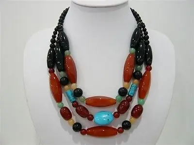 

Jewelr 004122 row pearl &mixed yellow jade black agate colorful stone necklace