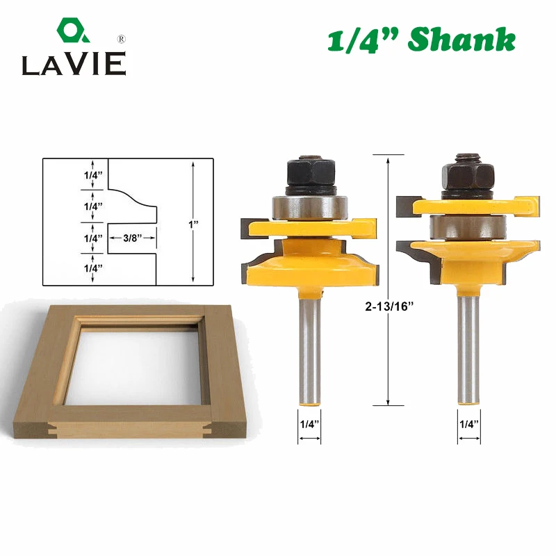 

LAVIE 1/4" 2pcs Rail and Stile Router Bit Set Door Window Woodworking Knife Tenon Cutter for Wood Milling Machine Tools MC01058