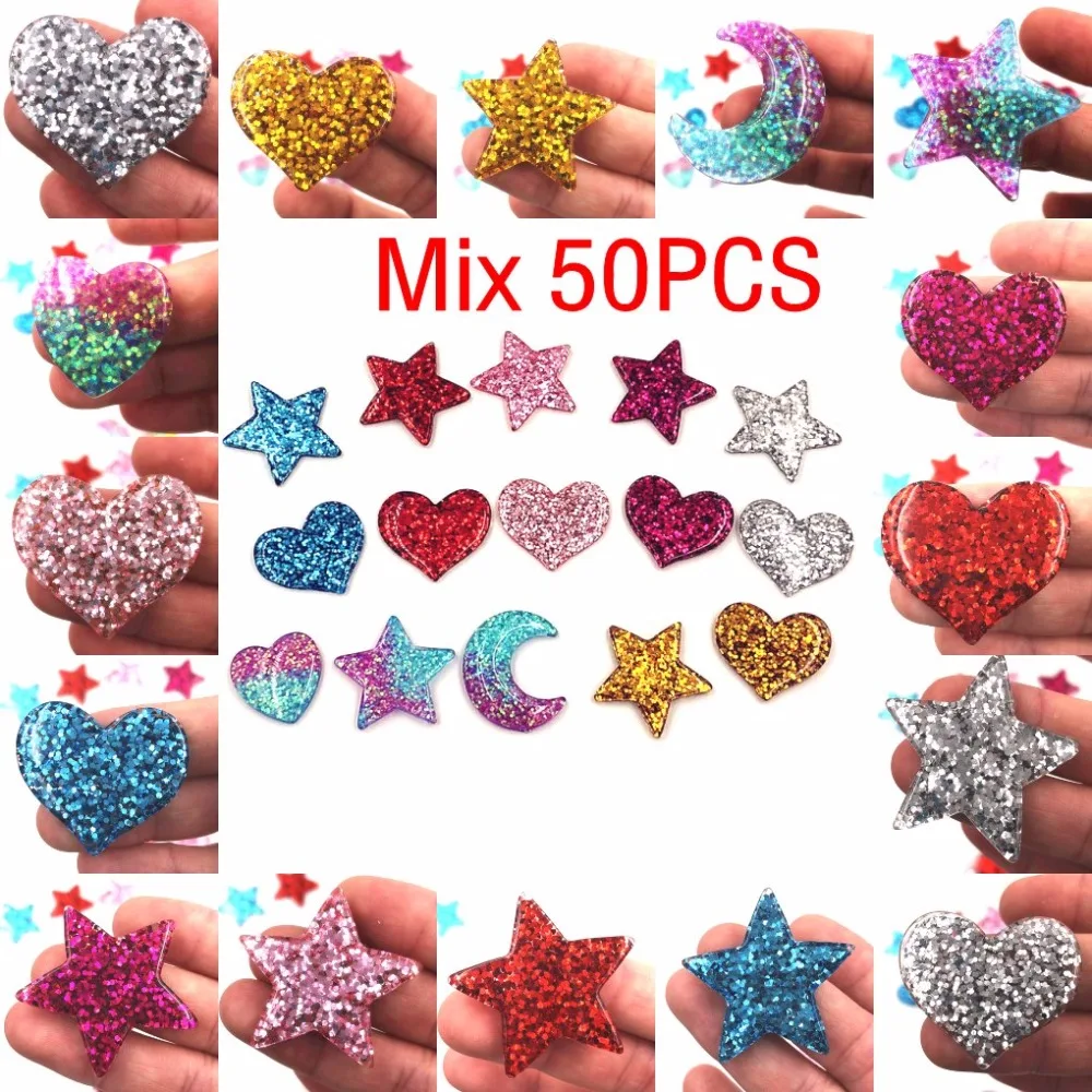 

Mix 50PCS Moon Star Heart DIY Crafts for children Hair Accessories phone case Flat Back Resin gillter Embellishment figures
