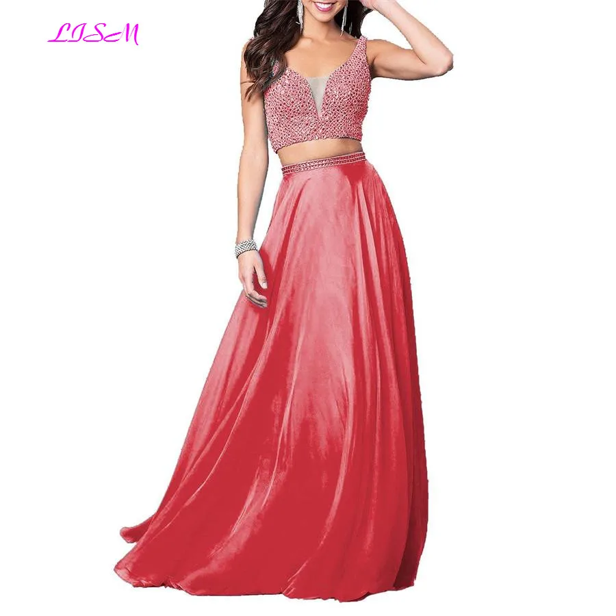 

2019 Two Pieces Prom Dresses Sexy Sweetheart Long Formal Gowns Crystals Backless Chiffon Bridesmaid Dress Vestido De Festa Longo