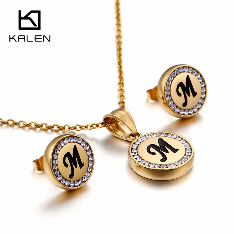 KALEN Bulgaria Gold 26 capitary Letter комплекты украшений для женщин из нержавеющей стали Начальная буква A-Z кулон комплект ожерелья и серьги