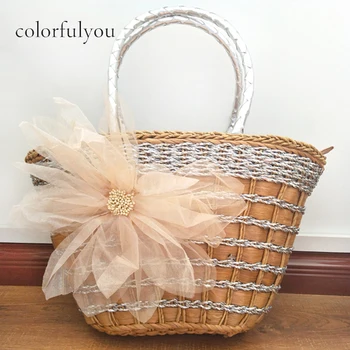 

2019 Japan Style Ribbons Flower Pattern Straw Bag Summer Beach Bag With Zipper Large Capacity Woven Handbag Women Shoulder Bags