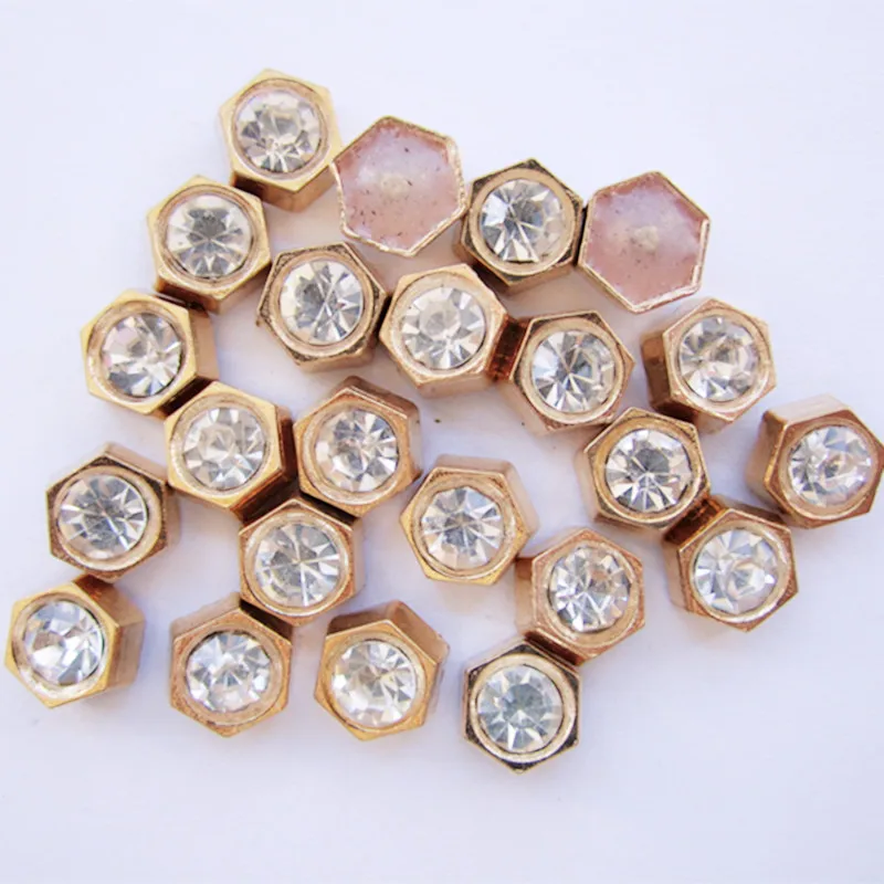 

SINUAN 100Pcs Rivet Hot-Fix Stud Spikes Hexagonal Diamond Rivet 8Mm Gold Rhinestone Spikes Plating Close-End Studs Clothing