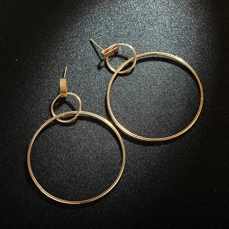 Новые ювелирные изделия личности преувеличенное простое геометрическое кольцо двойное кольцо Размер серьги - Окраска металла: Gold