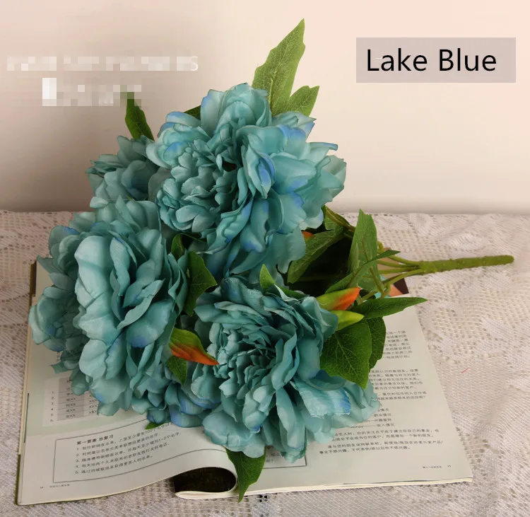 5 голов большой пион, искусственные цветы высококачественный Шелковый Свадебный букет домашние декоративные искусственные цветы подарок на день Святого Валентина - Цвет: Lake Blue