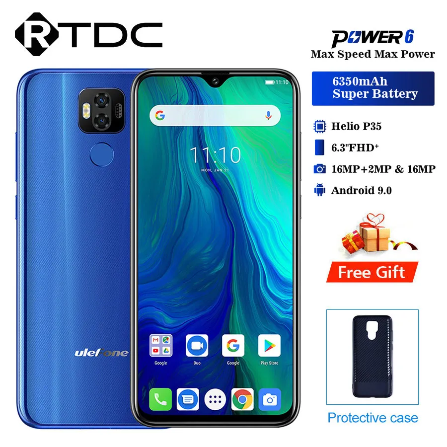 Мобильный телефон Ulefone power 6 19:5:9 FHD+ 6,3 ''Face ID Android 9,0 MTK67635V Восьмиядерный 4 Гб 64 Гб 6350 мАч NFC OTG