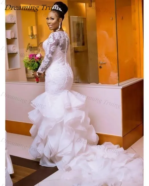 Vestidos De Novia 2019 Африканский черный для девочек, большой размер свадебные платья с аппликацией широкий длинный рукав Trian кружева свадебное
