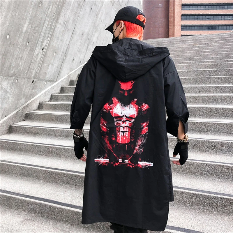 

Streetwear Long Jackets Men Black Coat Outerwear 2019 Spring Autumn Hip Hop Mens Long Style Windbreaker Black Male HN76