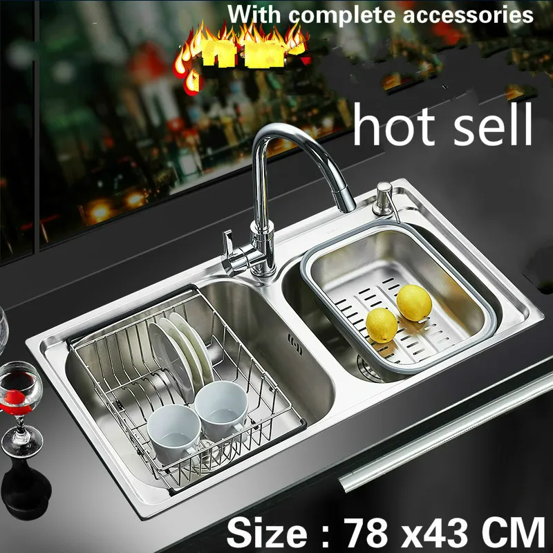 

Free shipping Food grade 304 stainless steel hot sell kitchen sink 0.8 mm thick ordinary double trough do the dishes 78x43 CM