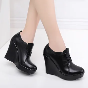 

Super high slope with thick platform waterproof platform black deep mouth single shoes light catwalk T bench shoes with small