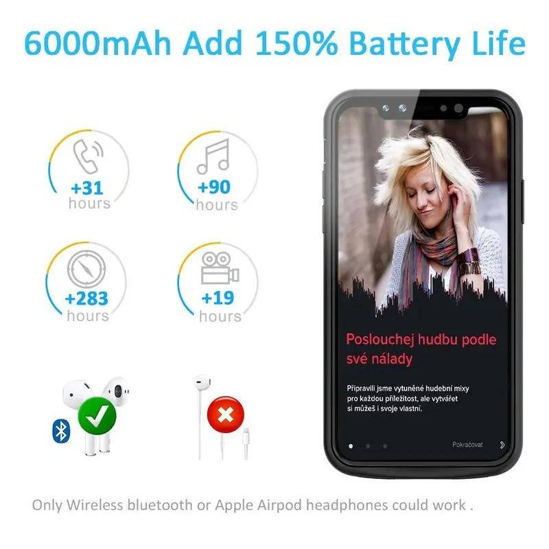 Neng чехол для зарядного устройства для iPhone X XS внешний аккумулятор для iPhone X чехол для аккумулятора 6000 мАч перезаряжаемый внешний аккумулятор портативный