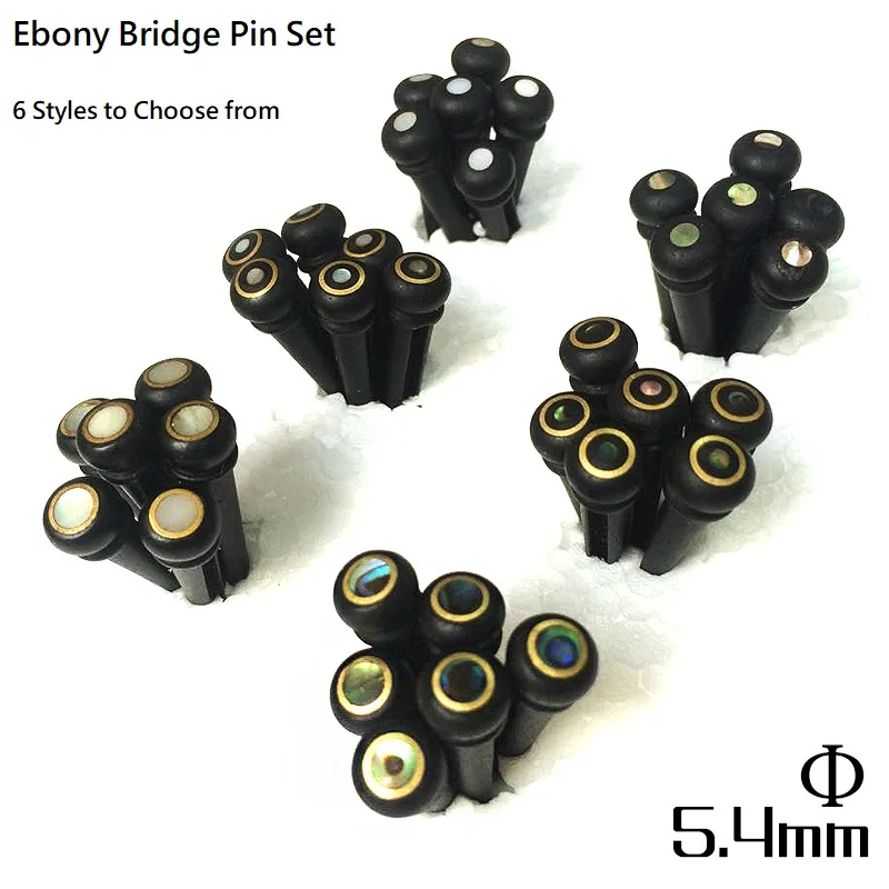 

QiCai Ebony Wood Inlay Guitar Bridge Pins with White Pearl or Abalone Color, 6 Design Available, sell by 1 set of 6