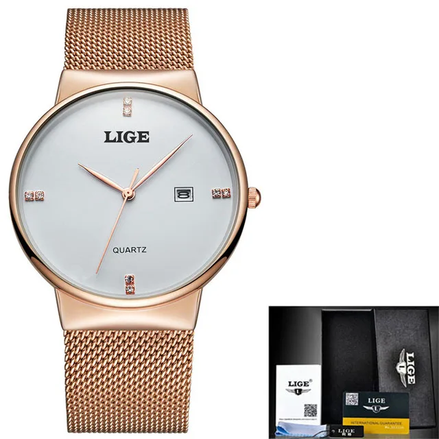 LIGE, мужские часы, роскошный бренд, часы для мужчин, модные спортивные кварцевые часы, нержавеющая сталь, сетчатый ремешок, ультра тонкий циферблат, часы с датой - Цвет: gold white