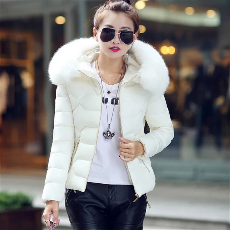 

Women's Down Cotton Padded Clothes Short Hooded Simulation Fur Collar Cotton Coat Winter Large Size Casual Warm Jacket Female