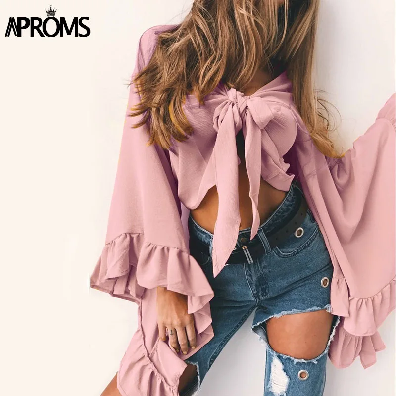 Aproms Sexy V Средства ухода за кожей шеи галстук-бабочку крест Топы корректирующие Для женщин Летняя черная футболка с длинным рукавом