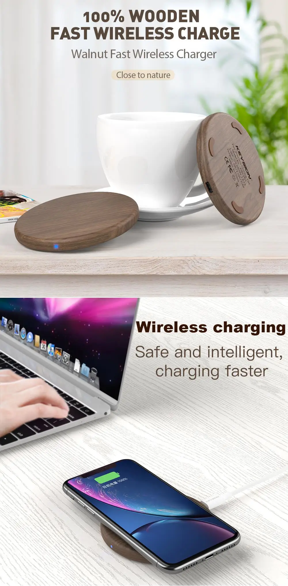 KEYSION 10W Qi Fast Wireless Charger for iPhone 11 Pro XS Max XR 8 Plus Wooden Wireless Charging Pad for Samsung S10 S9 S8 S7