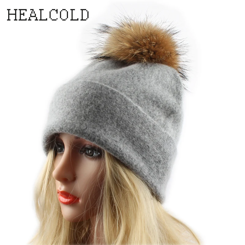 

HEALCOLD 100% Wool Hat For Women Winter Beanies Skullies Pompon Cap Real Fur Pompom Beanie Hats 2018