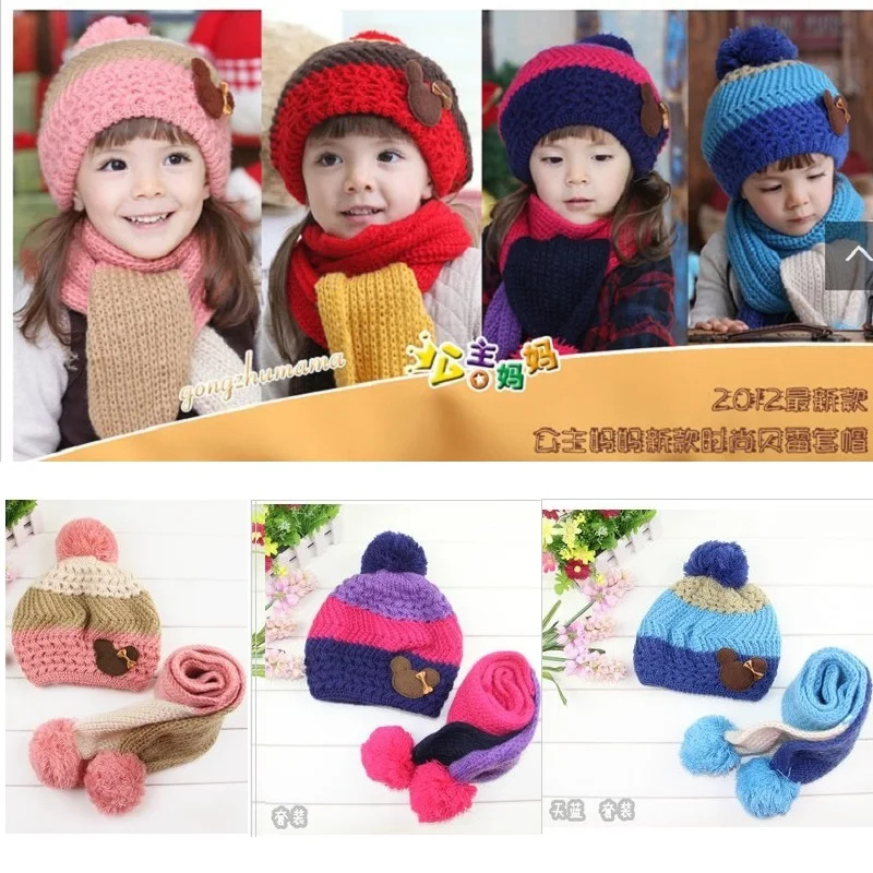 

Hooyi Knitted Girls Hats Infant scarf sets for Baby Boys cap Wool Children winter hat Kids Beanie Child Scarves Bucket Hat