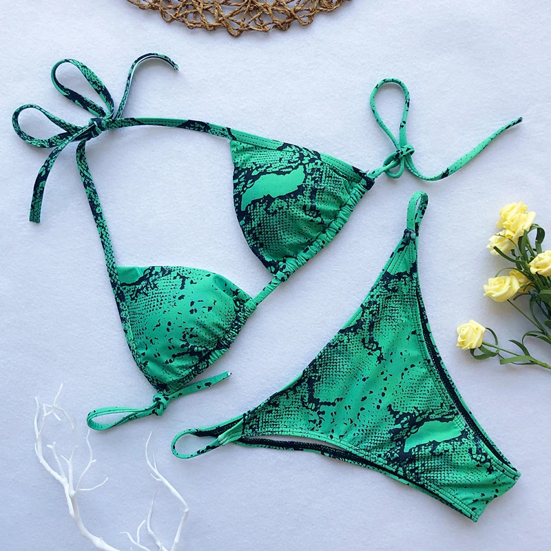 

2019 Womens Low Waist Bikini Set Push Up Swimsuit Snake Skin Bathing Suit Animal Print Beach Swimwear Serpentine Halter Bikinis