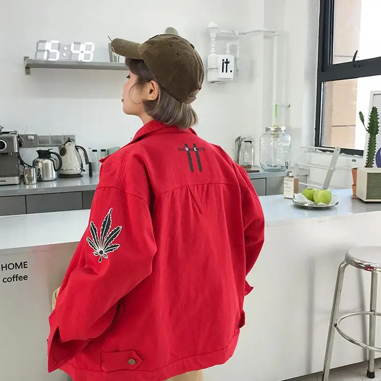 

Red Denim Jacket Womens Designer Jacket Harajuku Bomber Student BF Coat Oversize Jacket Basic Coats Street Style Jacket Female