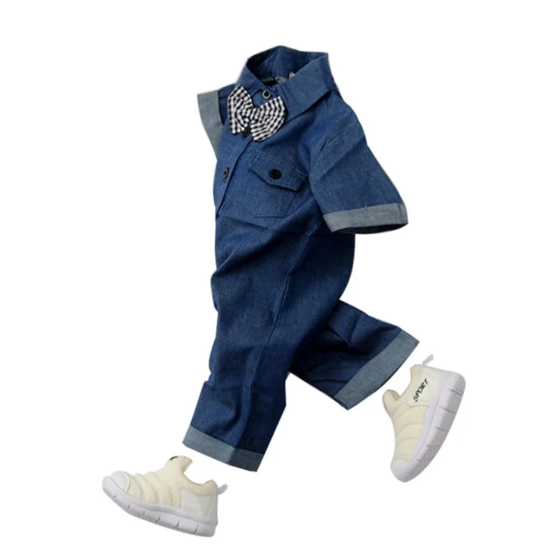 

2019 Baby boy summer cotton gentle little bow tie jean jumpsuit Solid