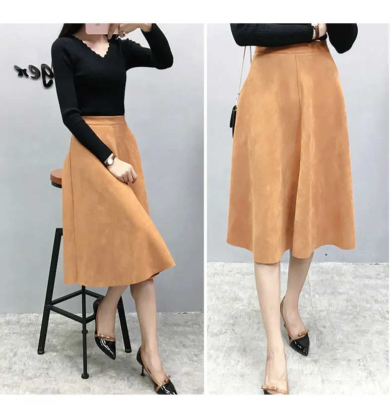 Vintage Pleated Suede High Waist Midi A Line Flare Skirt