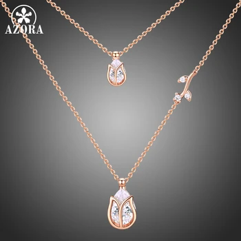 

AZORA Luxury Two Lotus Pear Cut Clear Cubic Zirconia Pendant Necklaces for Women Female Bride Jewelry Accessories TN0249