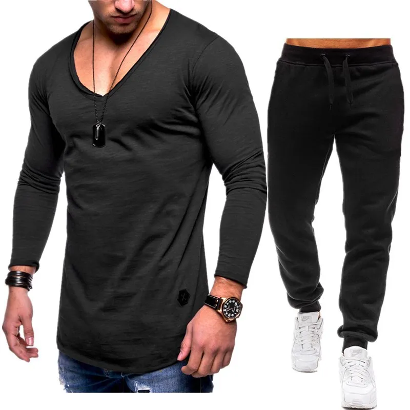 

2019 New Summer Sets Men Casual Two Pieces set V-neck Tshirt+ Bodybuilding pants Plus size 3xl men tracksuit fashion sportwear