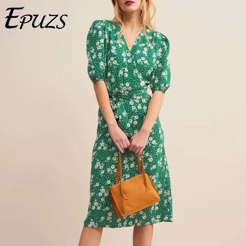 

Vintage red green floral midi dress women summer bohemian dress elegant casual sashes beach party dress korean vestidos 2019