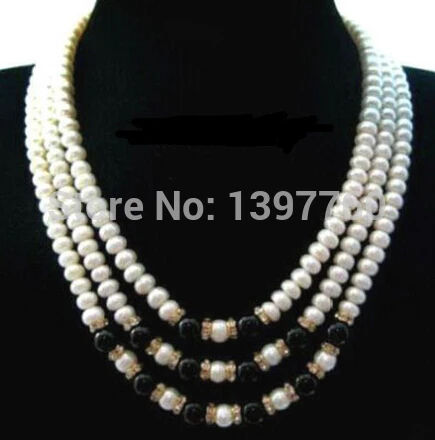 

Miss charm Jew.436 3 Rows Genuine White Pearl Black Agate Beads 18KGP Crystal Clasp Necklace