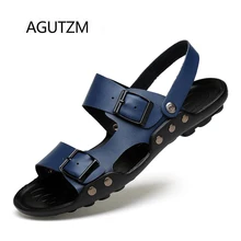 AGUTZM/8837 г. Новые летние модные мужские сандалии размера плюс 35-47 прочные пляжные сандалии с двойной пряжкой и заклепками из искусственной кожи