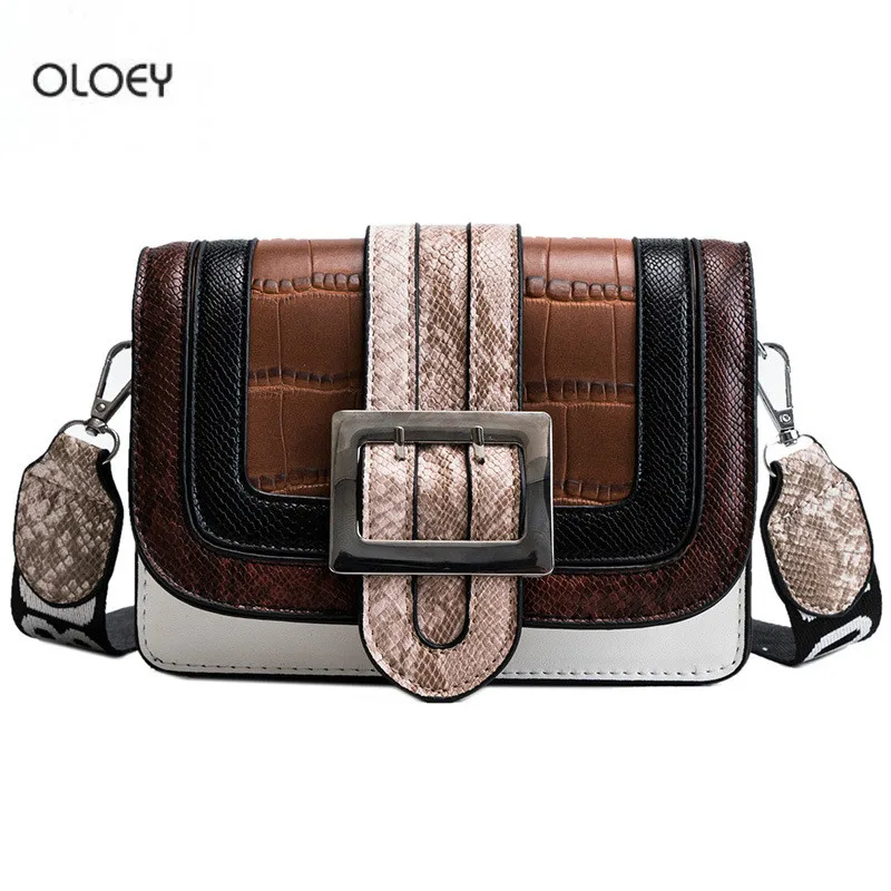 

OLOEY New women's crocodile pattern square bag splicing shoulder messenger bag letter wide shoulder strap fashion women's bag