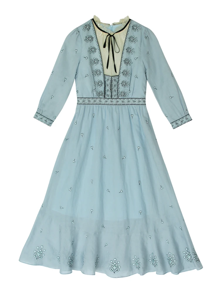 Дизайн; сезон весна-лето; синее Хлопковое платье миди из рами для женщин; винтажное Элегантное Длинное Платье с вышивкой для девочек в стиле Mori