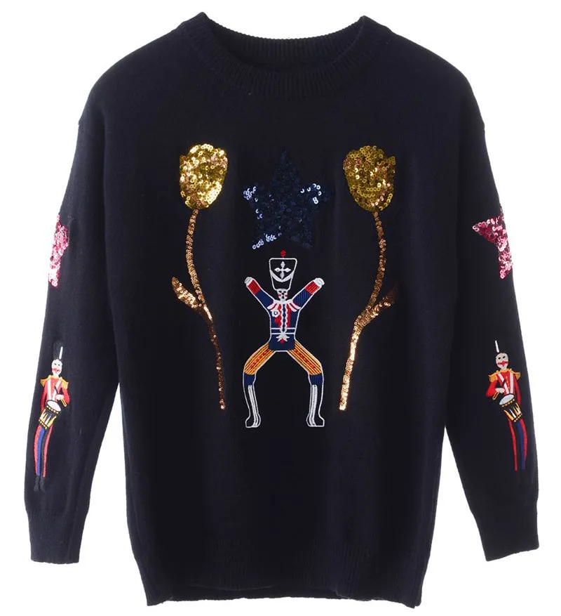 New fall runway heavy sequins embroidery sweater female puppet tulip flower | Женская одежда