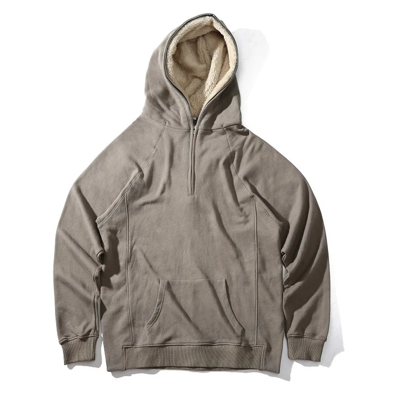 Male Half Zipper Plus Velvet Pullover Fleece Sherpa Hoodies Streetwear Side Split Cool Hip-hop Urban Clothing Justin Bieber Tyga