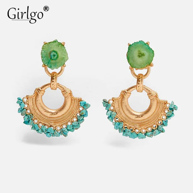 

Girlgo 2019 New ZA Stone Green Metal Drop Earrings for Women Ethnic Punk Hanging Statement Earrings Wedding Jewelry Wholesale