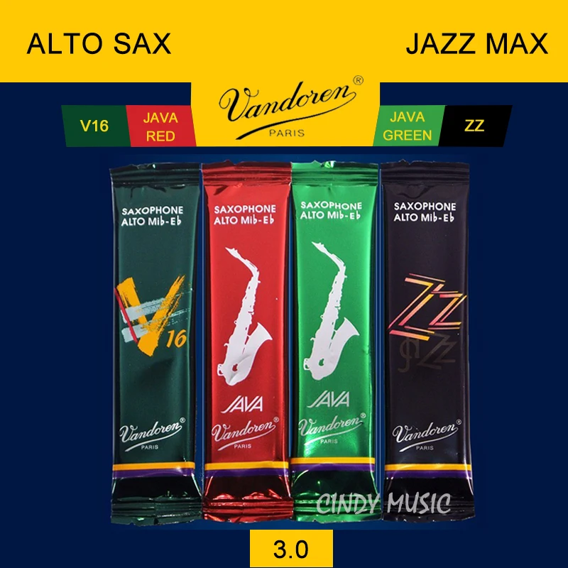 Vandoren SRMIXA3 Alto Sax Jazz Reed Mix Card включает 1 каждый ZZ, V16, JAVA Green и JAVA Red Strength 2,5