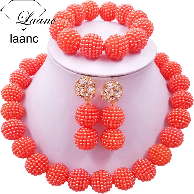 Laanc персик Африканский бисер комплект ювелирных изделий для нигерийской свадьбы имитация жемчуга ожерелье и серьги SP1R004 - Окраска металла: Orange