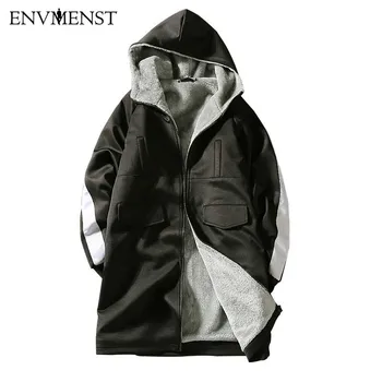 

Envmenst New Fashion Men Slim Fit Leisure Zipper Patchwork Hooded Trench Coat Men's Plus Velvet Thick Trench Coat