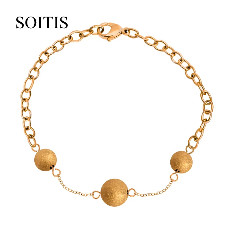 

SOITIS Simple Matte Bead Link Chain Bracelets for Women Gold Color Stainless Steel Statement Bracelet Jewelry Accessories