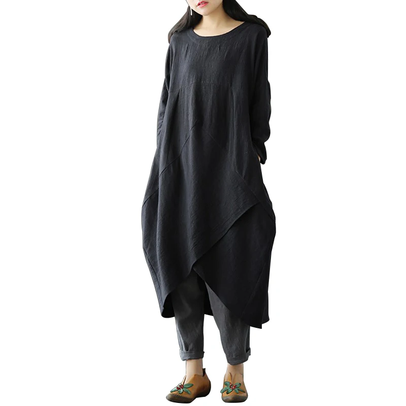 

DCOS Autumn National Style Loose Long Sleeve Cotton Linen Women Dress O Neck Irregular Hem Mid Calf Dress