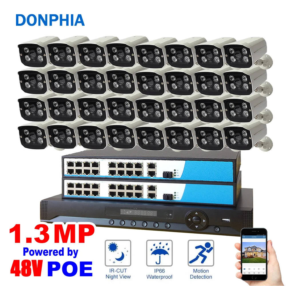 

32PCS Camera 960P POE Surveillance System 32ch NVR+PoE Switch+1.3MP IP Camera POE Waterproof Night Vision Security System